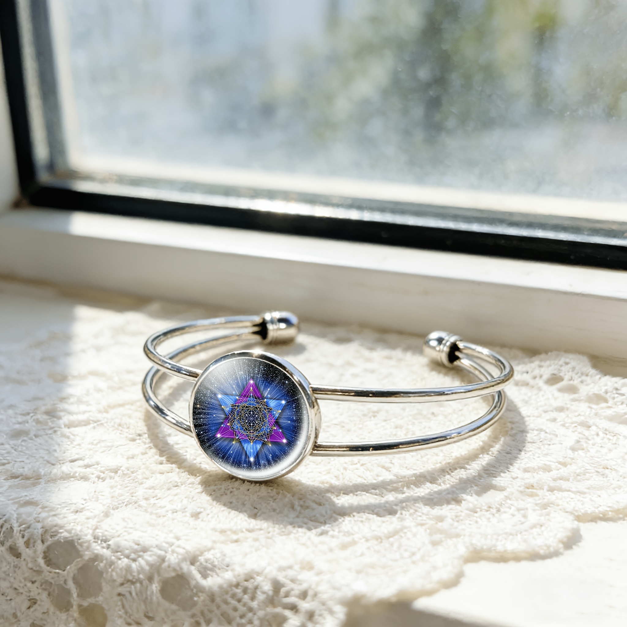 Adjustable Open Bangle with Round Time Gemstone Inlay, Hexagram Design